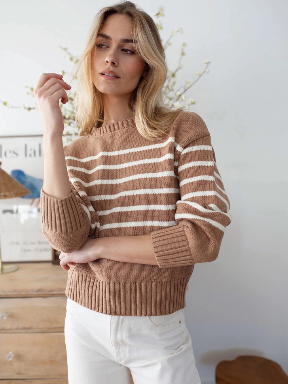 Striped Crewneck Sweater in Camel and White